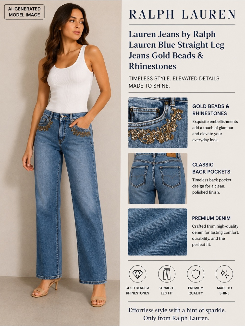 Lauren Jeans by Ralph Lauren Blue Straight Leg Jeans Gold Beads & Rhinestones